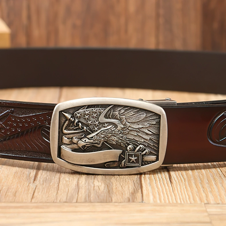 Metal buckle engraving detail - gothic eagle emblem on automatic buckle