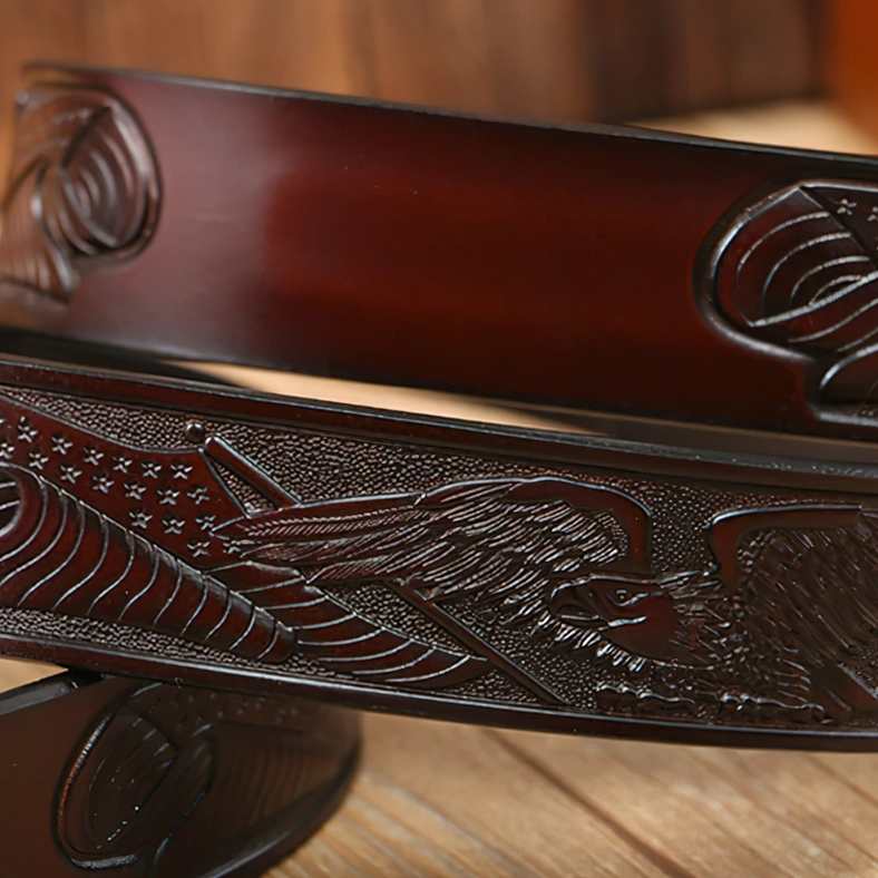 Red and brown gothic eagle belt color variations with metal buckles comparison