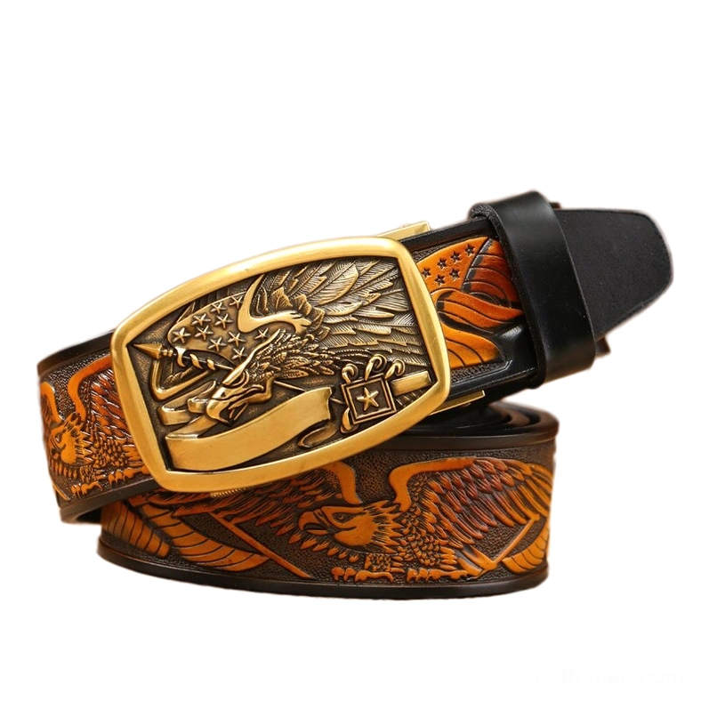 Gold buckle gothic eagle embossed leather belt in warm brown tone - overhead studio photography