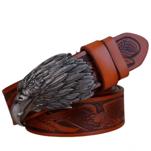Men's gothic eagle buckle belt reddish brown leather gunmetal metal three-quarter view alternative aesthetic