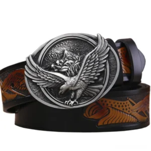 Gothic eagle buckle leather belt for men with silver-tone metal plaque on black embossed cowhide strap, front view