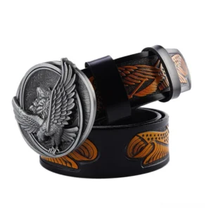 Black leather gothic belt with silver eagle buckle, side angle view showing strap depth and embossed detailing