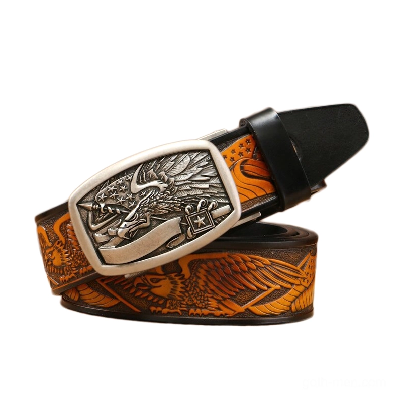 Silver buckle gothic eagle belt in tan leather - angled overhead view
