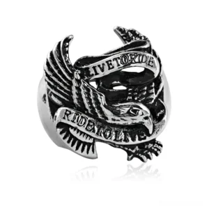 Dark eagle gothic stainless steel biker ring front view with live to ride slogans and intricate eagle carving