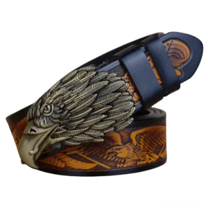 Gothic eagle buckle leather belt men bronze metal embossed dark brown cowhide alternative fashion