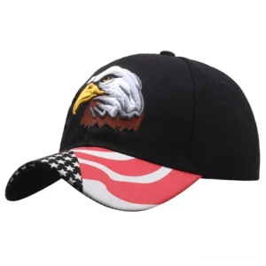 Black gothic eagle embroidery baseball cap front three-quarter view with US flag brim design and 3D embroidered bald eagle