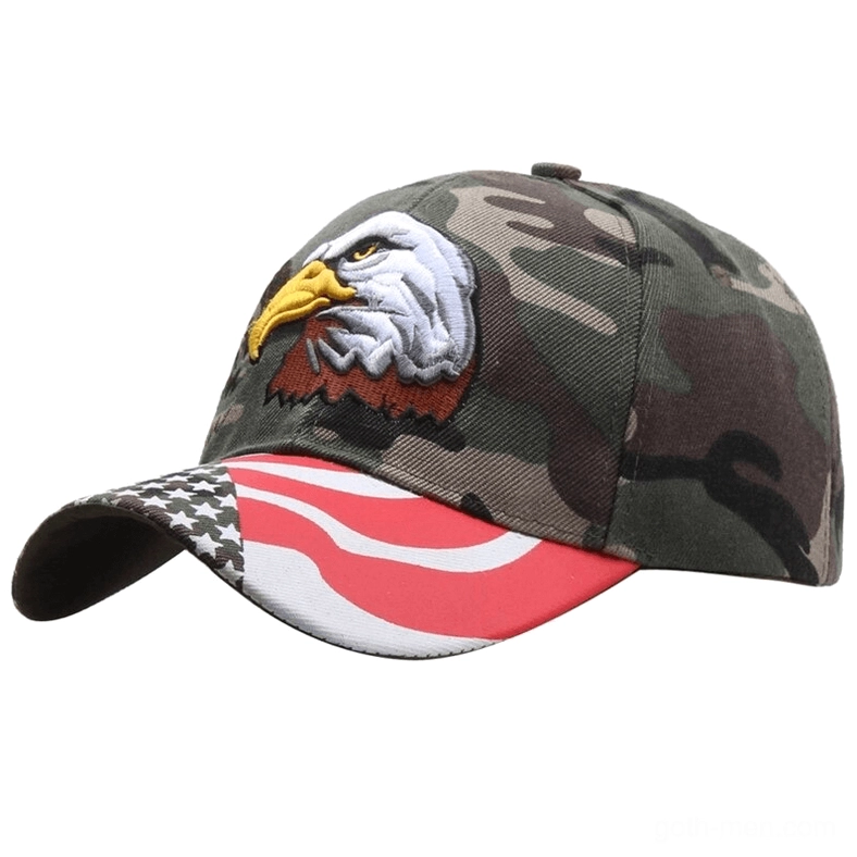 Camouflage gothic eagle baseball cap three-quarter angle displaying embroidered eagle design with industrial aesthetic