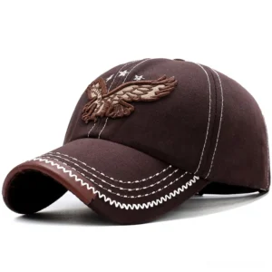 Coffee brown cotton twill gothic baseball cap with 3D eagle embroidery and faux leather brim trim, front view