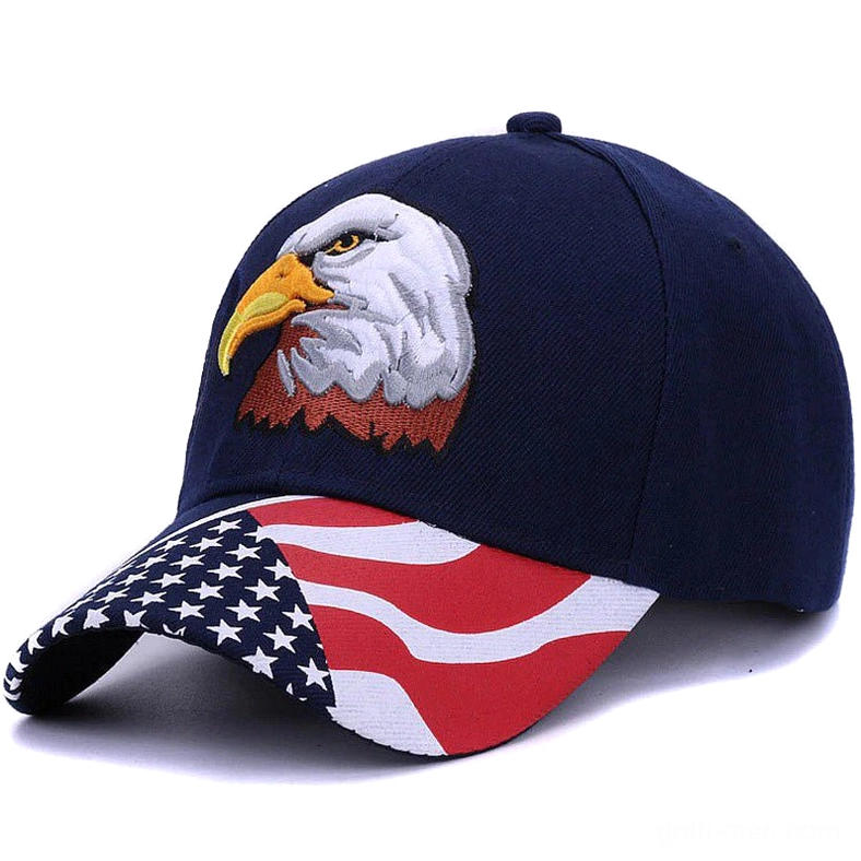 Navy blue gothic eagle baseball cap front view showcasing detailed bald eagle embroidery and patriotic flag pattern on brim