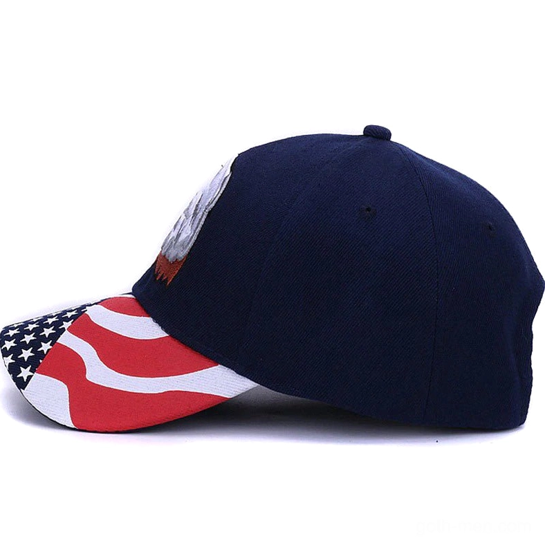 Navy gothic eagle cap side profile view showing embroidery depth and US flag brim element from lateral perspective