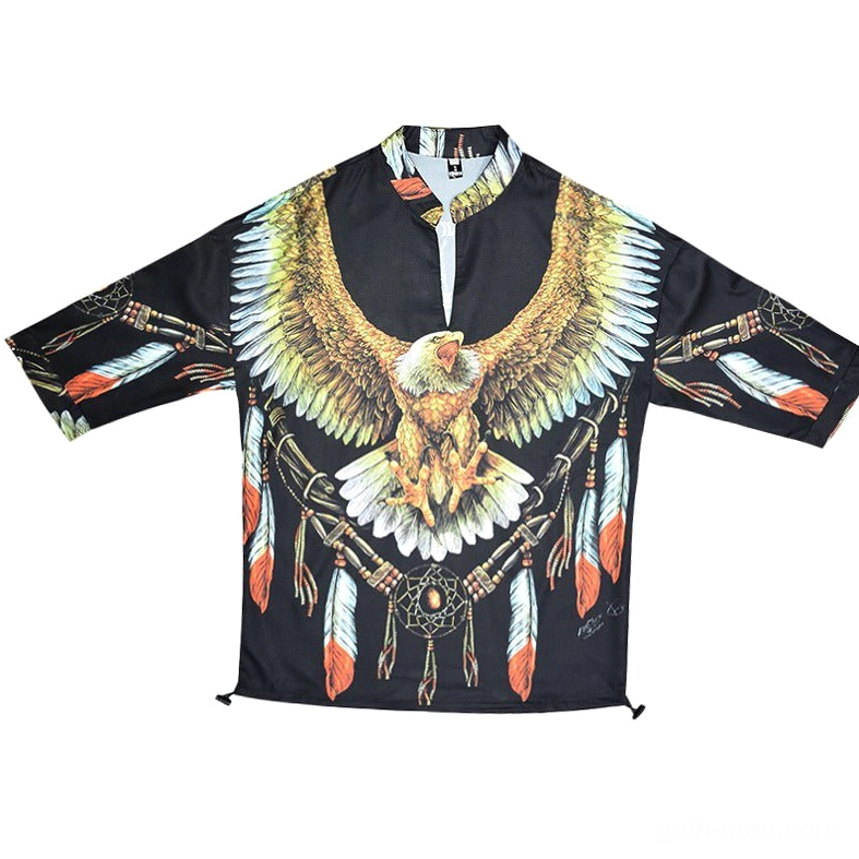 Flat lay black gothic eagle dreamcatcher stand collar shirt overhead view