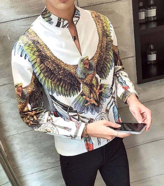 Black gothic eagle dreamcatcher shirt stand collar close-up print quality