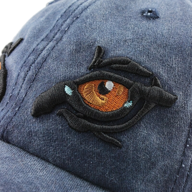 Single eagle eye embroidery detail with orange iris and blue highlight, intricate thread work