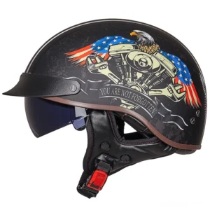 Black matte gothic half-face biker helmet with eagle and US flag emblem front view