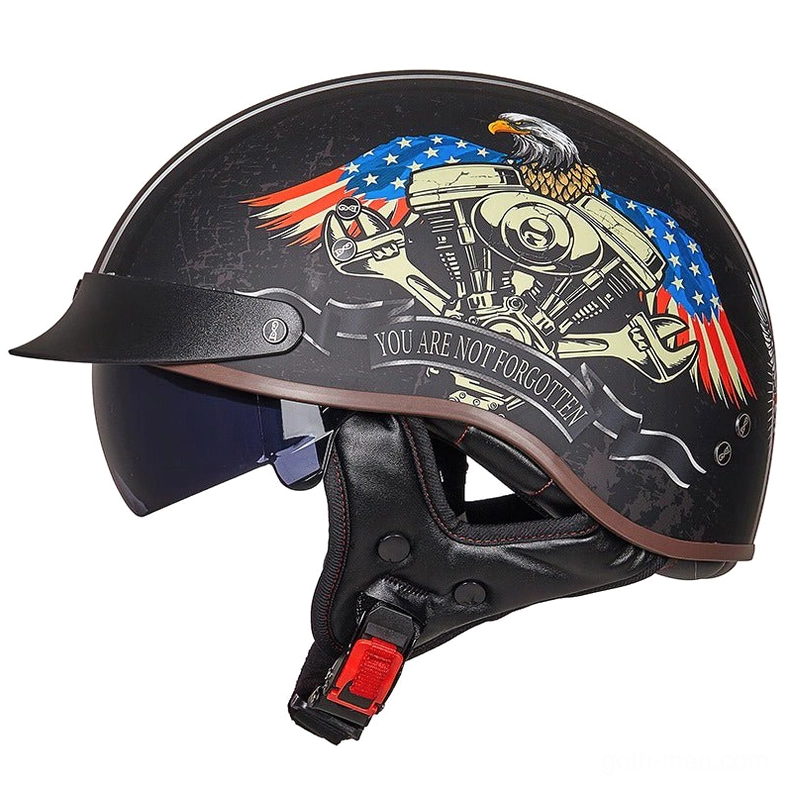 Black matte gothic half-face biker helmet with eagle and US flag emblem front view