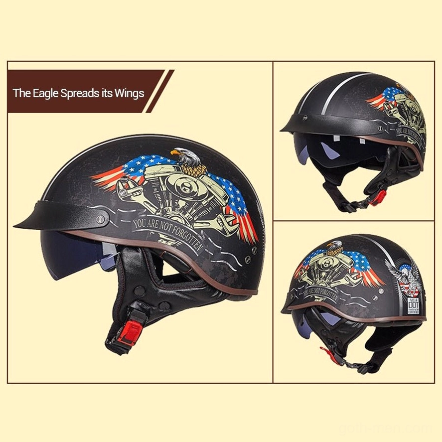 Multiple angle views of DOT certified gothic half-face motorcycle helmet showing eagle design