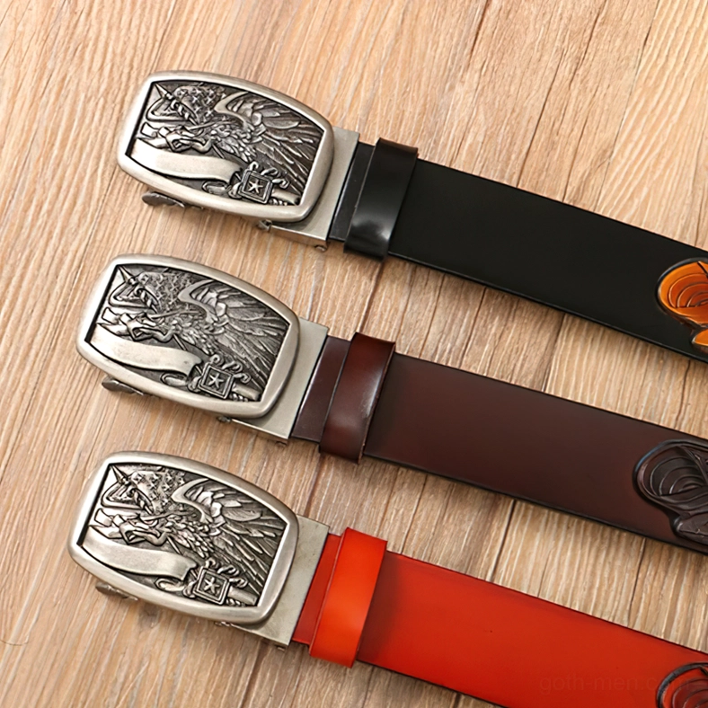 Full-length gothic eagle leather belt with silver buckle - product display