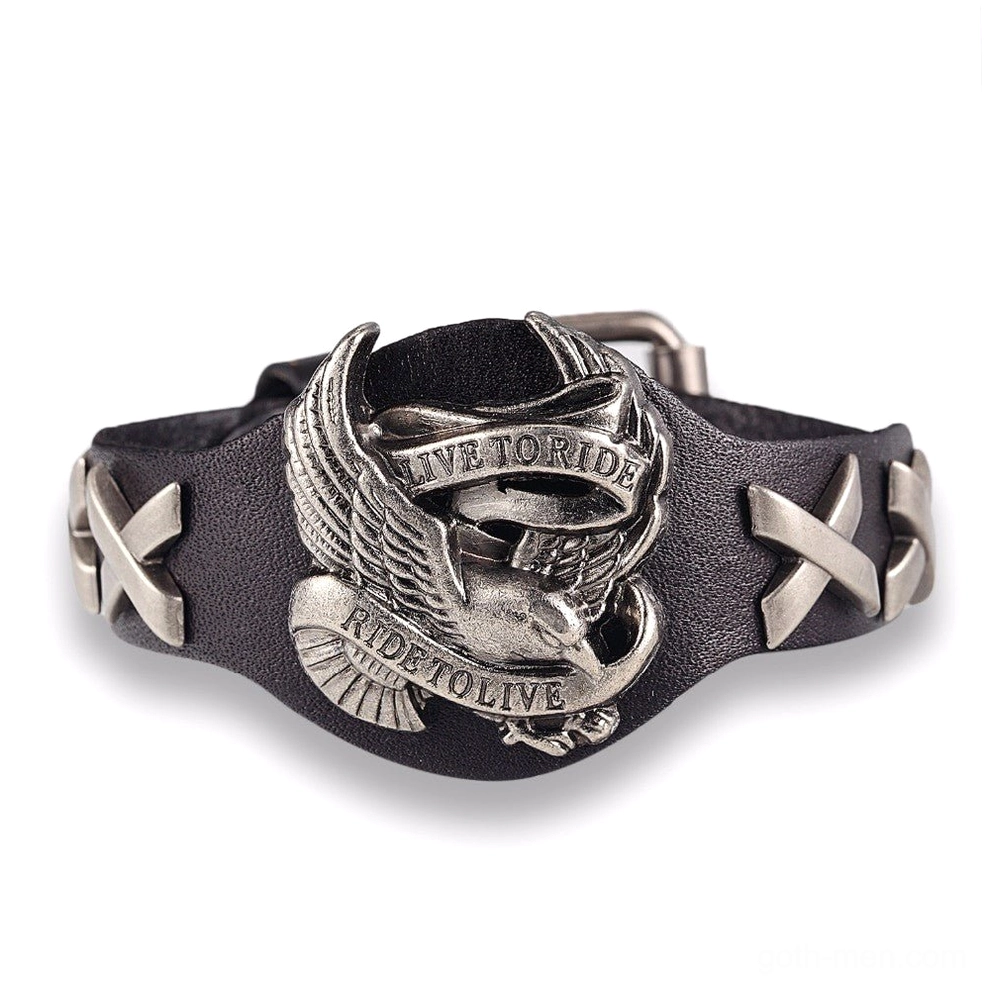 Live to Ride gothic eagle leather bracelet in black with silver metal cross-stitched details and embossed emblem