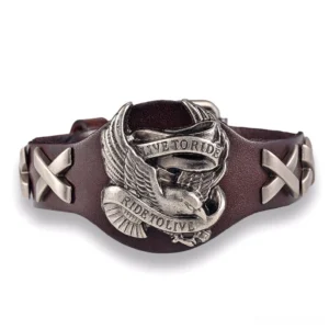 Live to Ride dark brown coffee leather biker bracelet with embossed eagle slogan and silver metal hardware