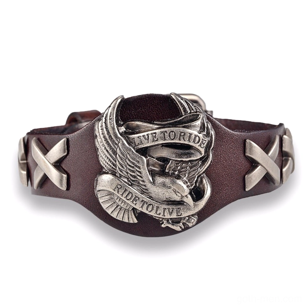 Live to Ride dark brown coffee leather biker bracelet with embossed eagle slogan and silver metal hardware