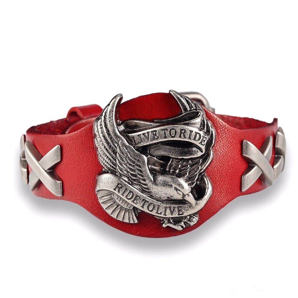 Live to Ride red leather gothic bracelet with cross-stitched sides and silver metal toggle clasp detail