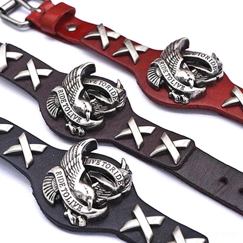 Set of three Live to Ride gothic eagle leather bracelets in black coffee and red with matching emblems