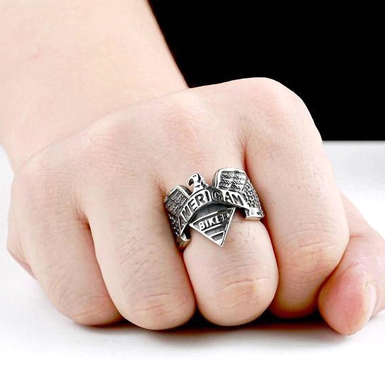 Gothic eagle signet ring side oblique showing band weight and three-dimensional carved design