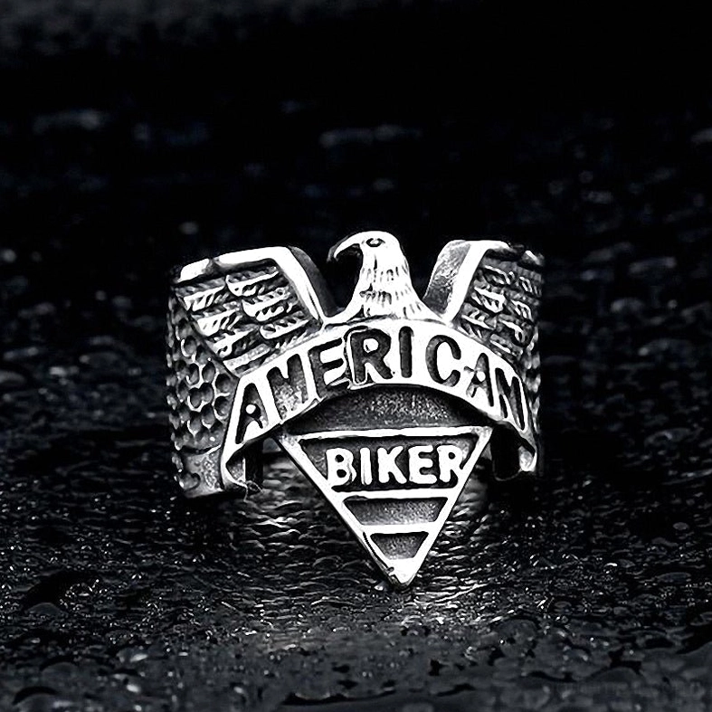 Back view of silver gothic eagle signet ring showing band hammering and reverse design detail
