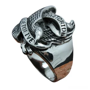 Eagle gothic ring side profile showing polished stainless steel construction and heavy biker style design