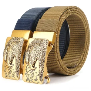Gothic eagle tactical canvas belt collection front view showing tan-gold and navy-gold color variants with cast metal buckles on white background