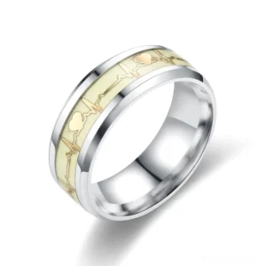 Single gold stainless steel ECG ring with glowing gold heartbeat line, three-quarter side view