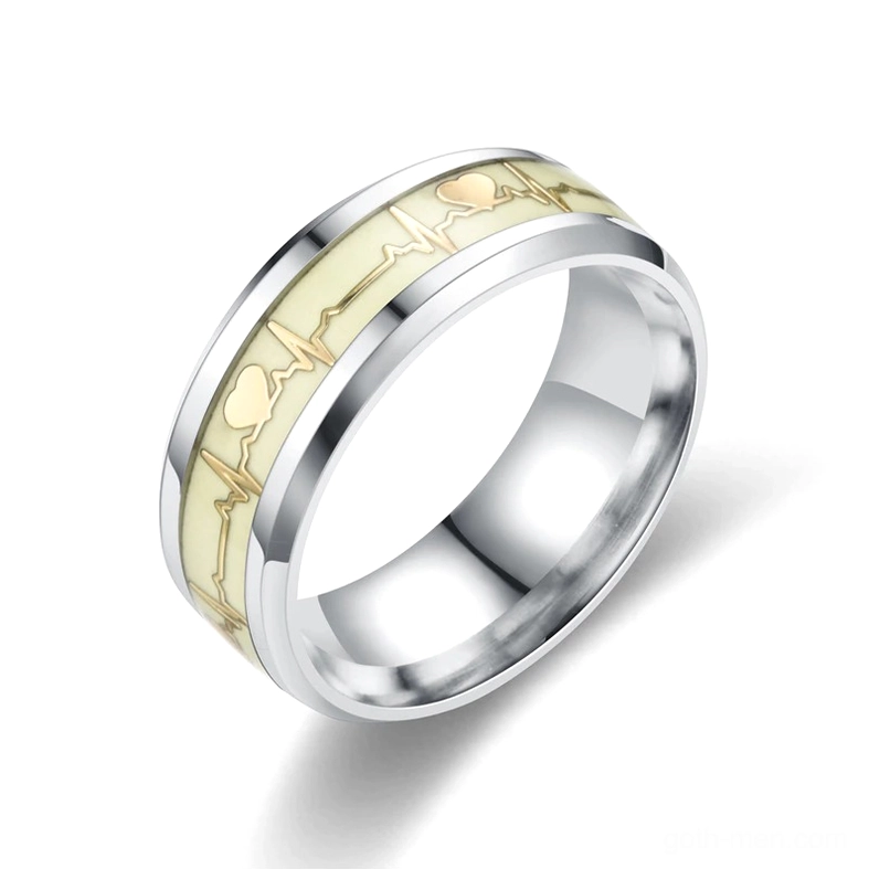 Single gold stainless steel ECG ring with glowing gold heartbeat line, three-quarter side view