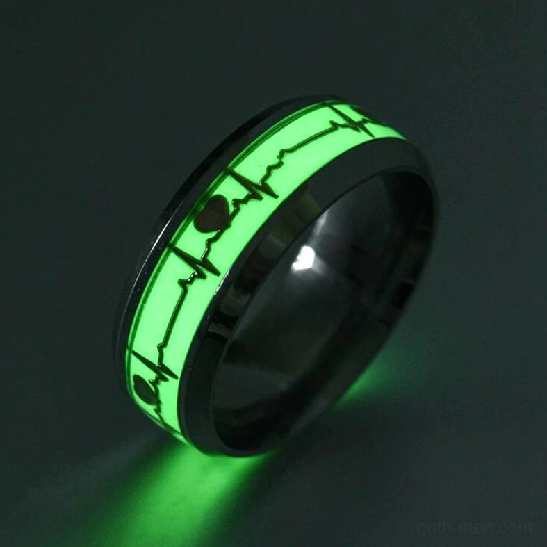 Single luminous stainless steel ECG heartbeat ring with glowing green design, three-quarter view