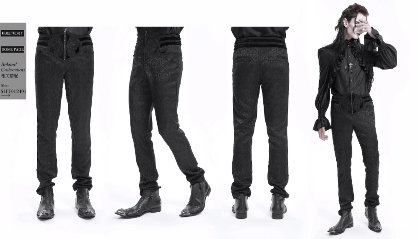 Gothic embossed pants measurement guide display, showing proper fit on model, waist and hip proportions, and overall damask design aesthetic