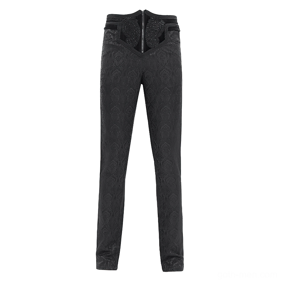 Black damask embossed slim-fit pants hanging display, full-length view showcasing all-over jacquard pattern and high-waist front zipper construction