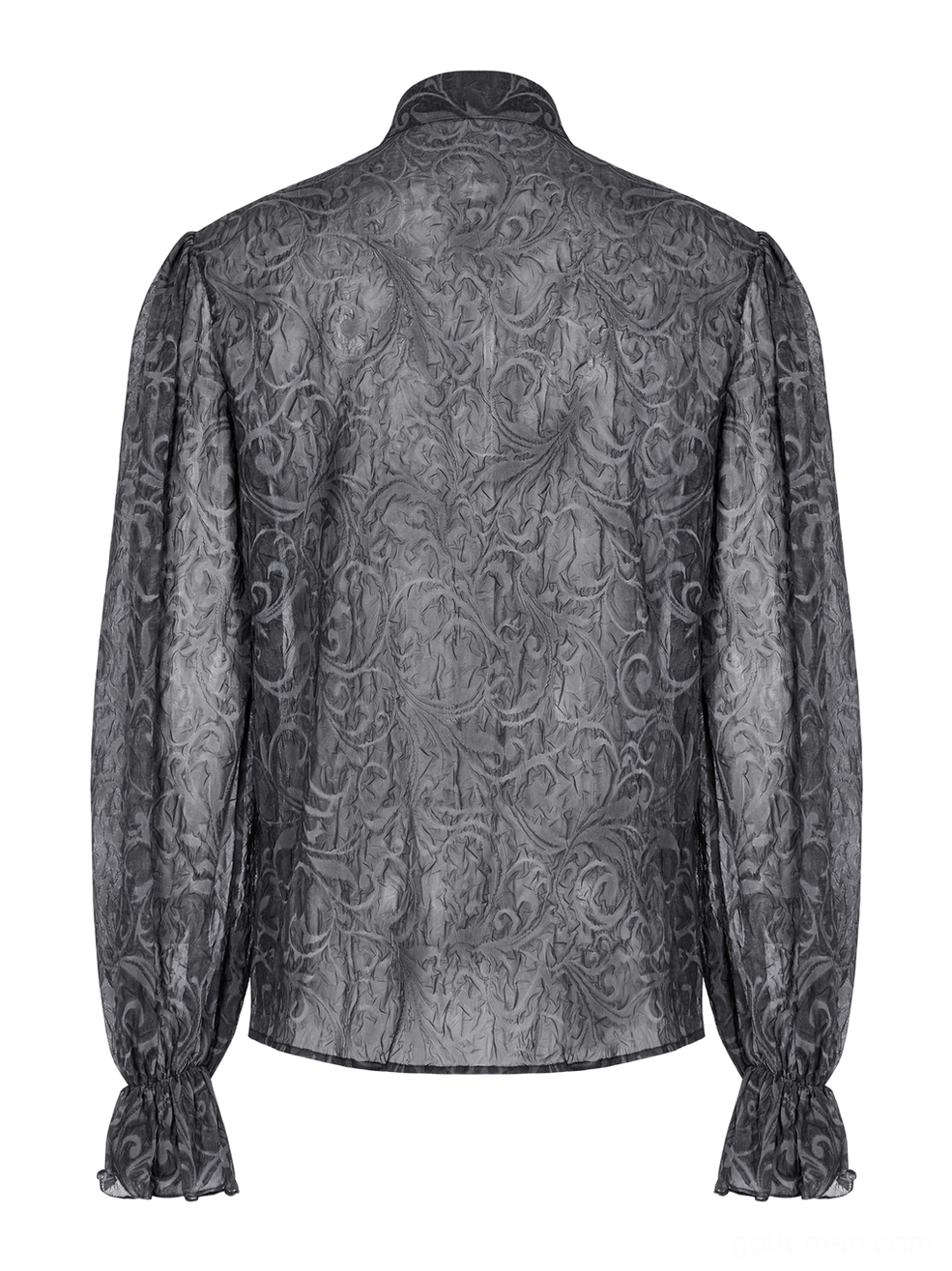 Back flat lay of gothic embossed sheer shirt displaying ornate scroll texture and relaxed fit silhouette