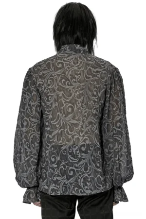 Back view of charcoal gothic embossed shirt showing all-over scroll pattern and relaxed fit drape