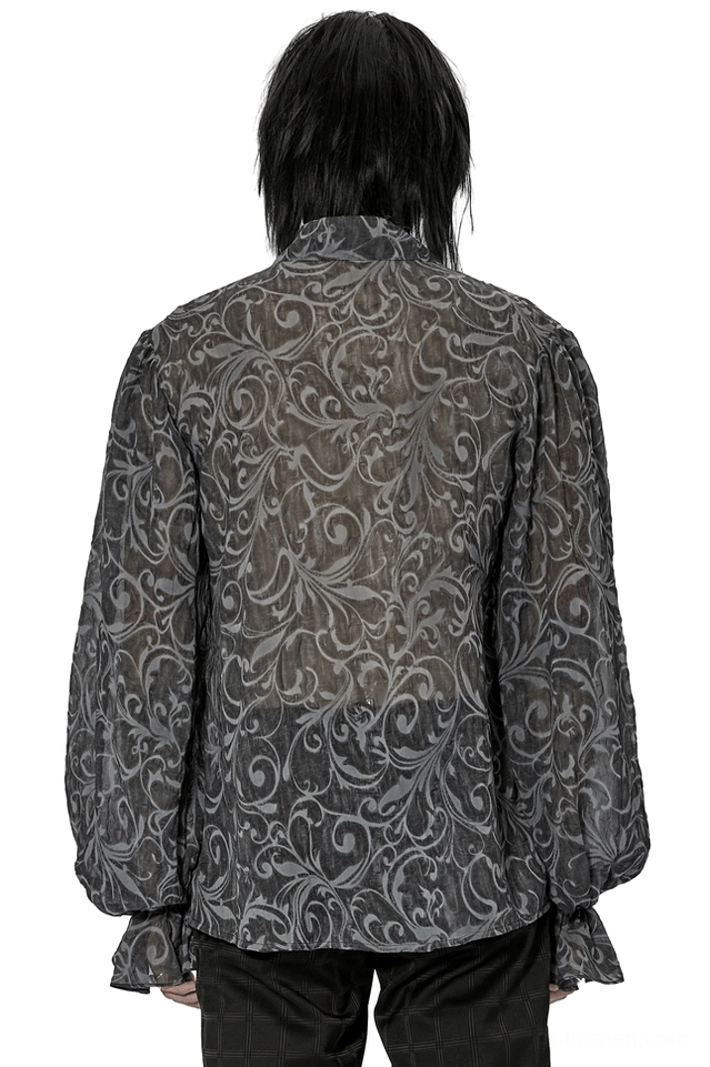 Back view of charcoal gothic embossed shirt showing all-over scroll pattern and relaxed fit drape