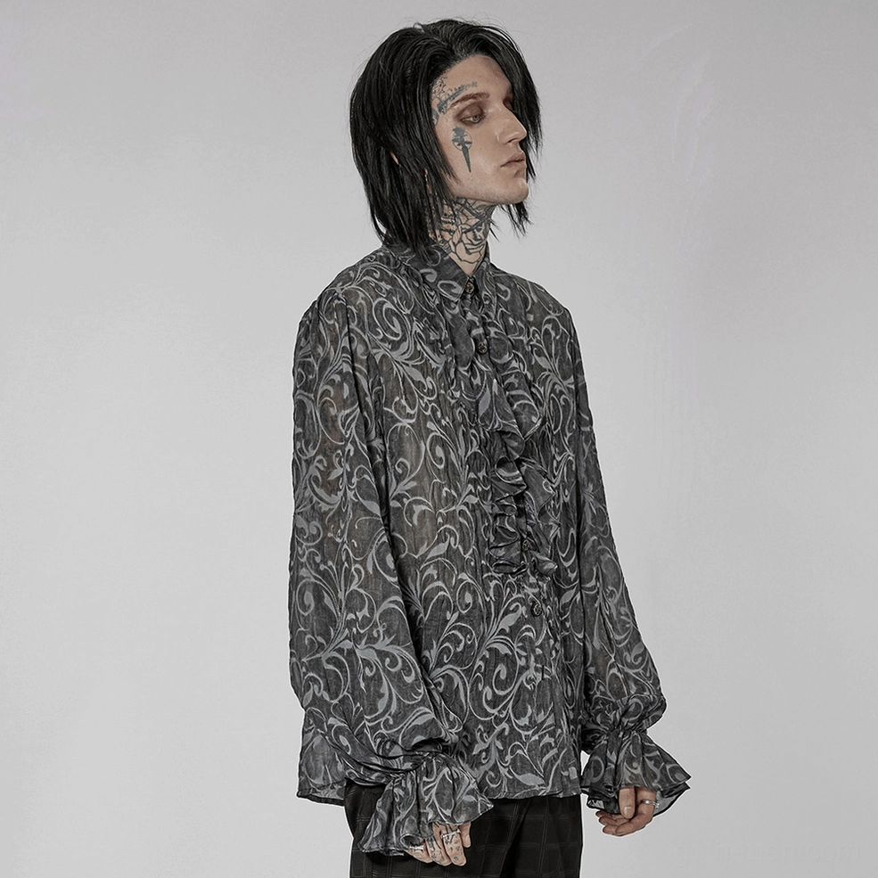 Gothic embossed sheer shirt in charcoal gray showing full button-front detail and draping silhouette