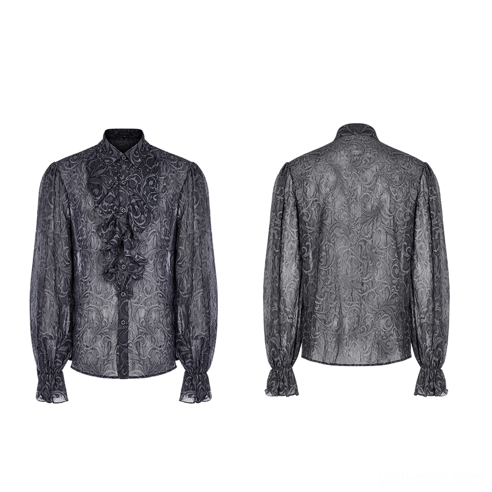 Flat lay front and back view of gothic embossed sheer shirt displaying buttoned placket and ruffled details