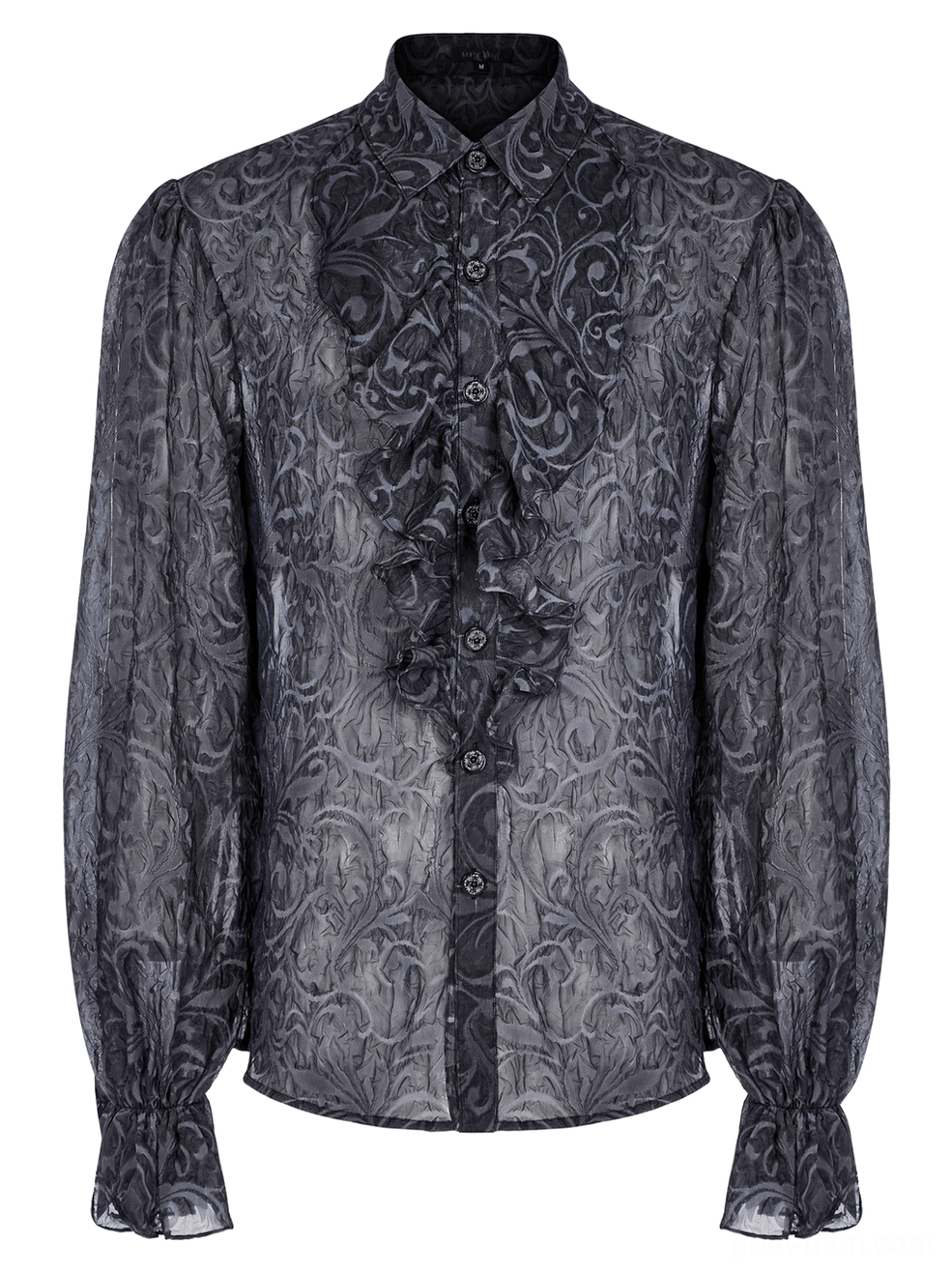 Close-up flat lay of gothic shirt front showing stand collar, puffed sleeves, and ornamental carved buttons