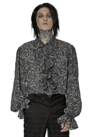 Charcoal embossed gothic sheer shirt front view on male model with puffed bell sleeves and ornamental buttons