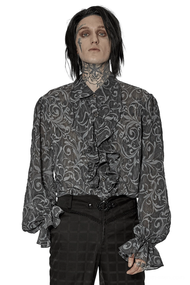 Charcoal embossed gothic sheer shirt front view on male model with puffed bell sleeves and ornamental buttons