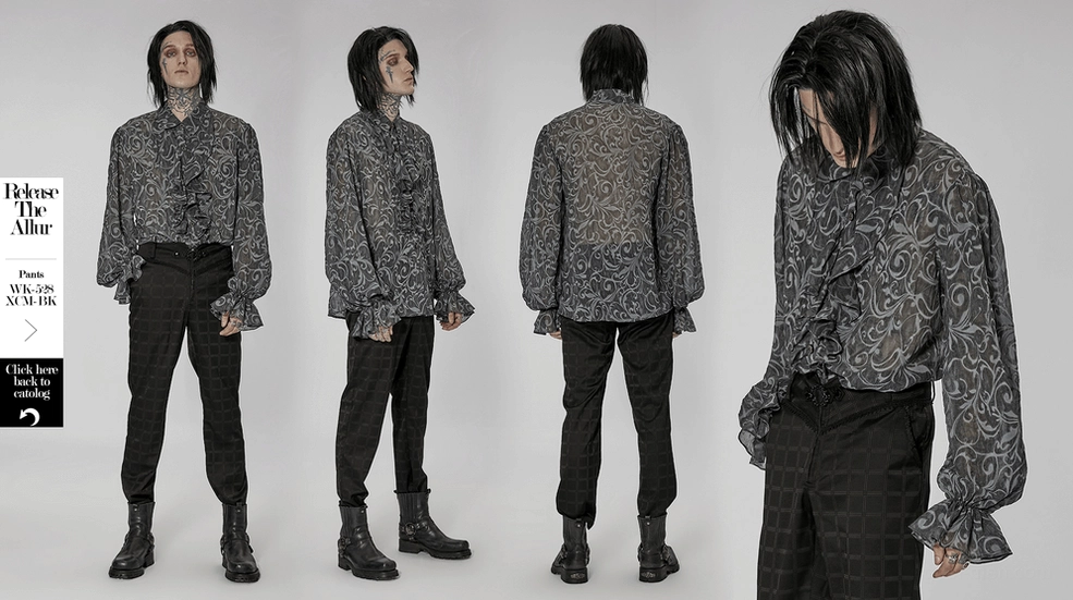 Gothic embossed sheer shirt product lifestyle shot showing versatile wearing options for goth fashion