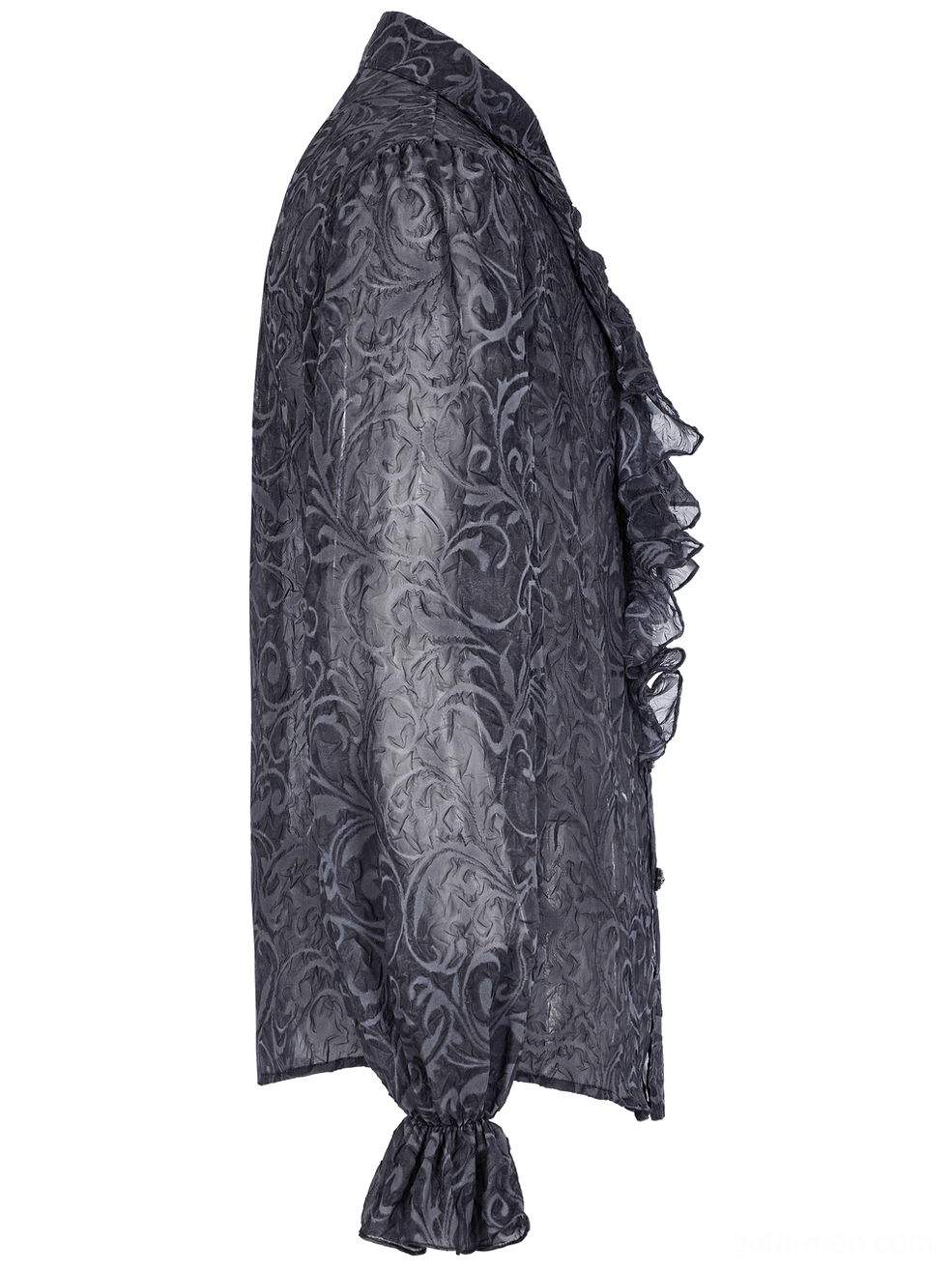 Side flat lay view of gothic embossed shirt showing ruffled front placket and gathered bell cuffs