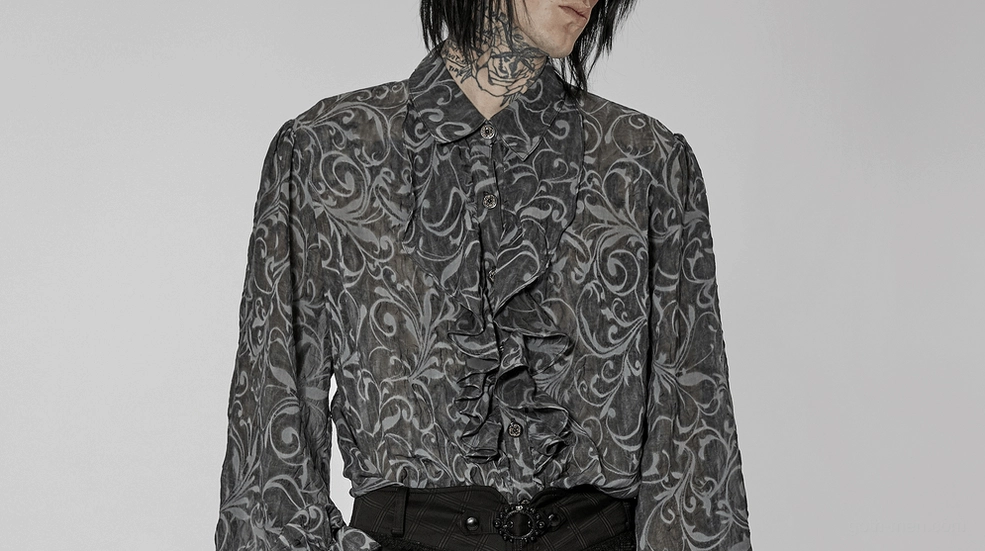 Charcoal gothic embossed shirt displayed with layering potential over alternative fashion base layers