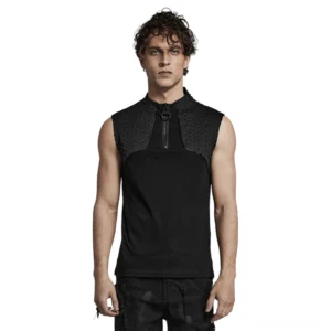 Industrial gothic sleeveless tank top front view with 3D embossed shoulder panels and asymmetric zipper closure on male model