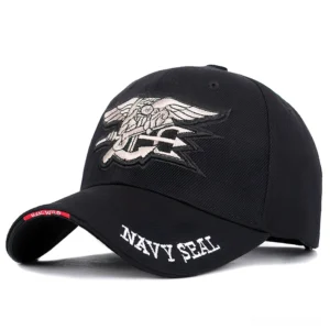 Black embroidered gothic baseball cap front view with bold badge design