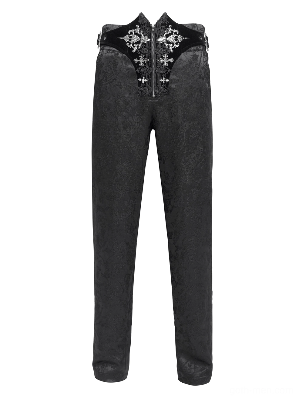 Man wearing black gothic cargo pants with cross embroidery, side angle view showing high waist fit