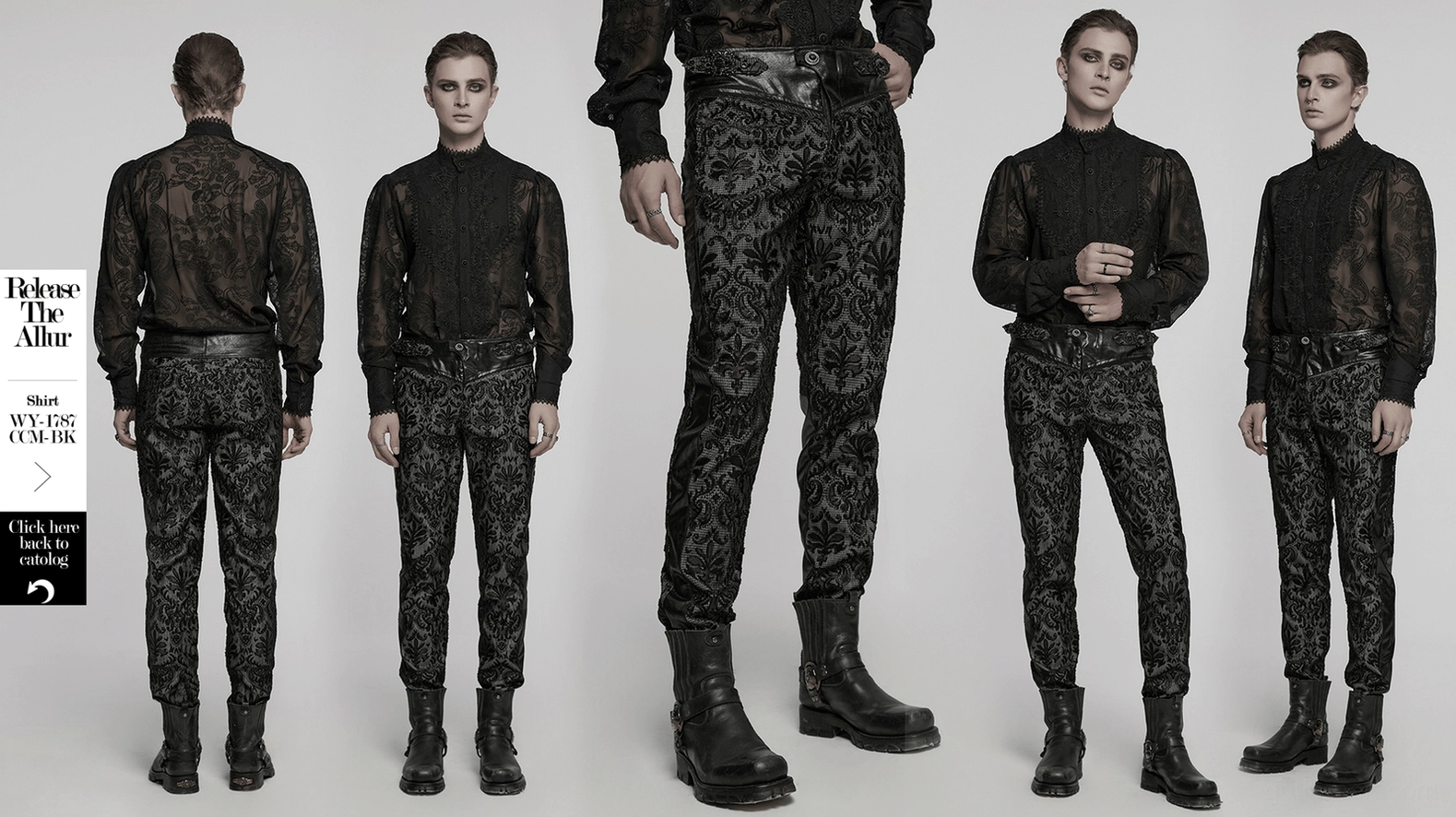 Product image of gothic embroidered lace slim-fit pants highlighting damask pattern and black colorway